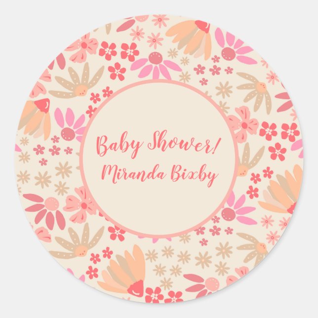 Pink and Peach Floral Classic Round Sticker (Front)