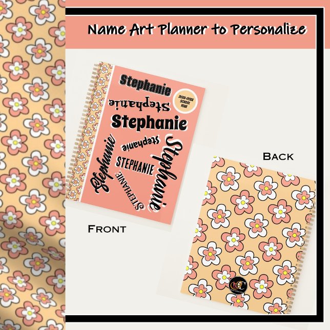 Pink and Peach Floral Personalised Customisable Planner (Peach, pink and white floral name art personalized planners.)