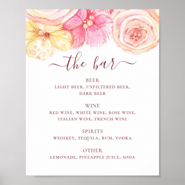 Pink and peach floral wedding bar. Alcohol drinks Poster (Front)