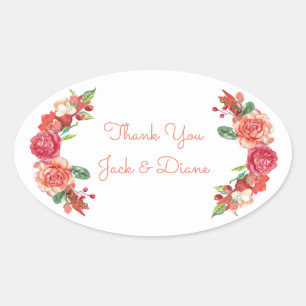Pink and Peach Floral Wedding Oval Sticker