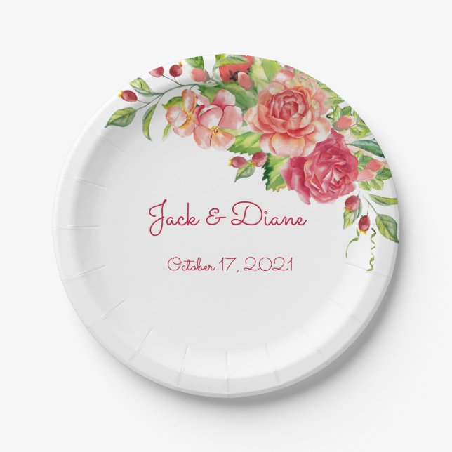 Pink and Peach Floral Wedding Paper Plates (Front)