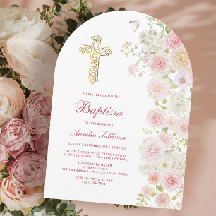 Pink and Peach Flowers Arch Baptism Invitation