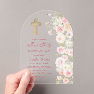 Pink and Peach Flowers Arch First Communion Acrylic Invitations
