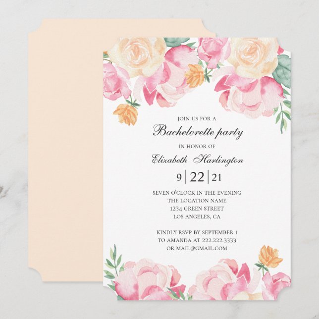 Pink and peach flowers. Floral bachelorette party Invitation (Front/Back)