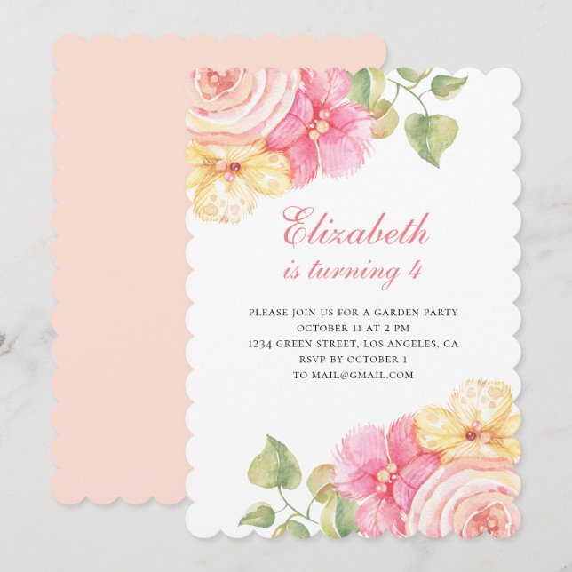 Pink and peach flowers. Girl floral birthday party Invitation (Front/Back)
