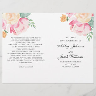Pink and peach flowers wedding program folded