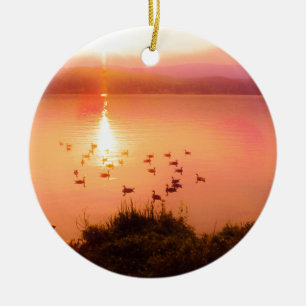 Pink and peach lake sunset ceramic tree decoration