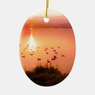 Pink and peach lake sunset ceramic tree decoration