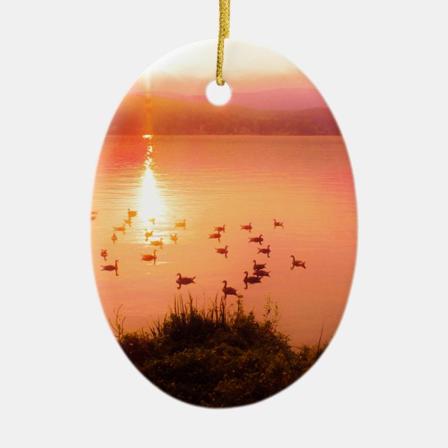 Pink and peach lake sunset ceramic tree decoration (Front)