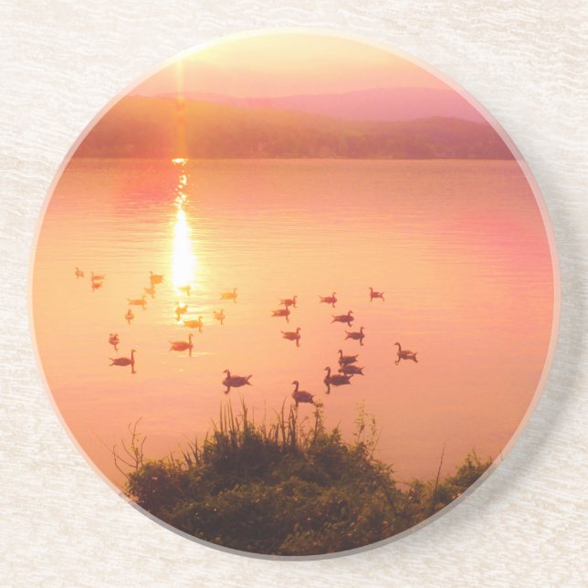 Pink and peach lake sunset coaster (Front)