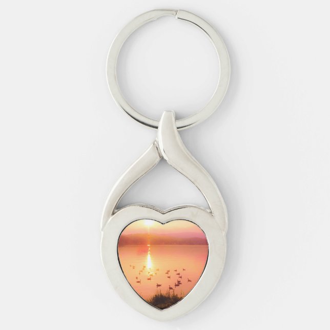 Pink and peach lake sunset key ring (Front)
