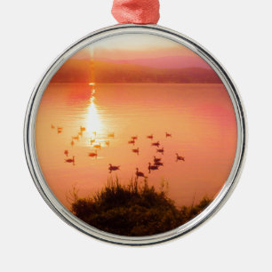 Pink and peach lake sunset metal tree decoration