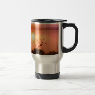 Pink and peach lake sunset travel mug