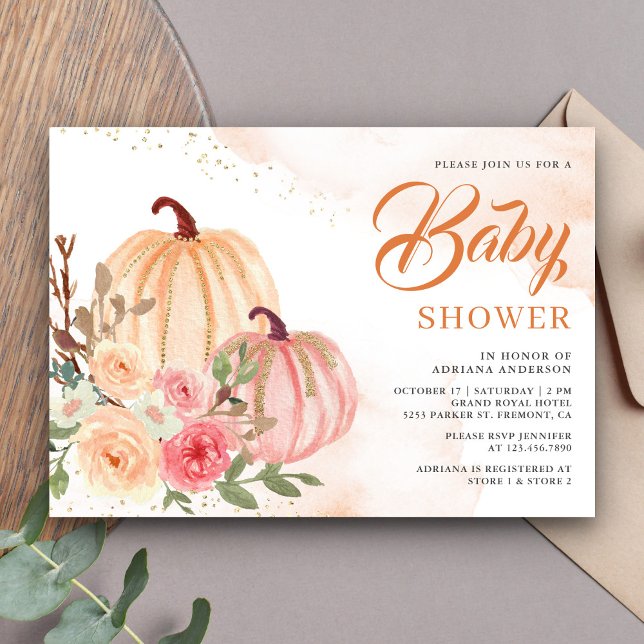 Pink and Peach Pumpkin Floral Fall Baby Shower Invitation (Creator Uploaded)