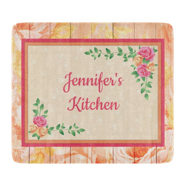 Pink and Peach Roses Her Own Glass Cutting Board (Front)