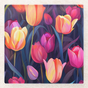 Pink and Peach Tulips Floral Pattern Glass Coaster