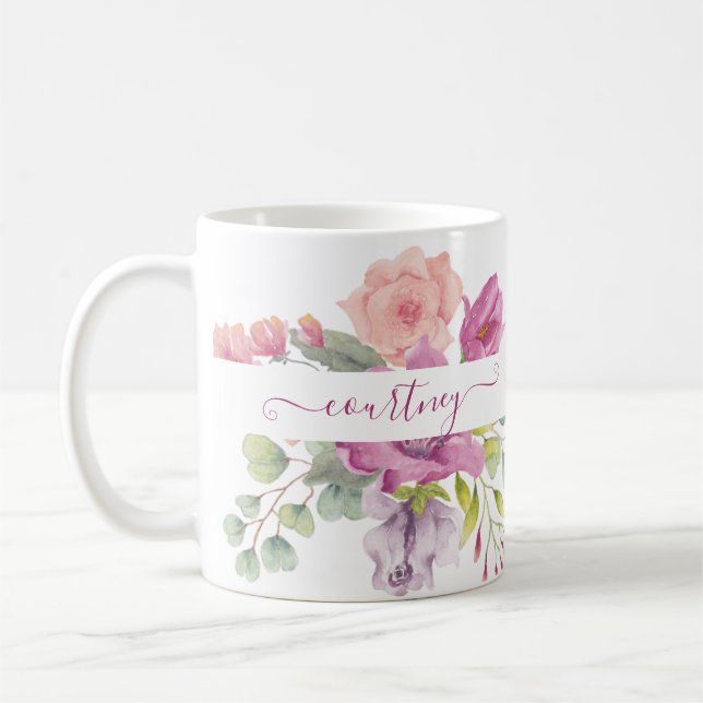 Pink and peach watercolor floral personalised coffee mug (Left)