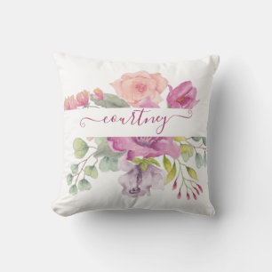 Pink and peach watercolor floral personalised cushion