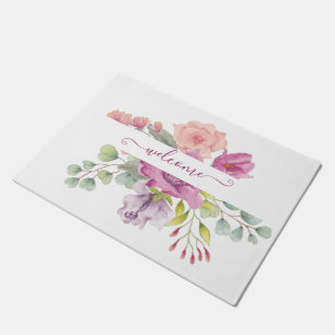 Pink and peach watercolor floral personalised  doormat