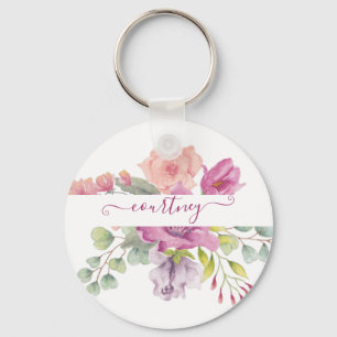 Pink and peach watercolor floral personalised key ring