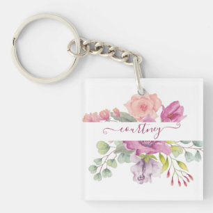 Pink and peach watercolor floral personalised key ring