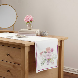 Pink and peach watercolor floral personalised  short table runner