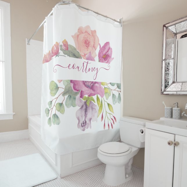Pink and peach watercolor floral personalised  shower curtain (In Situ)