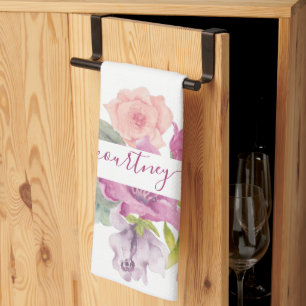 Pink and peach watercolor floral personalised tea towel