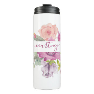 Pink and peach watercolor floral personalised thermal tumbler
