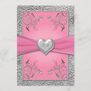 Pink and Pewter Heart Monogrammed Invitation
