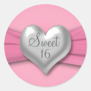 Pink and Pewter Heart Sweet Sixteen 1.5" Sticker