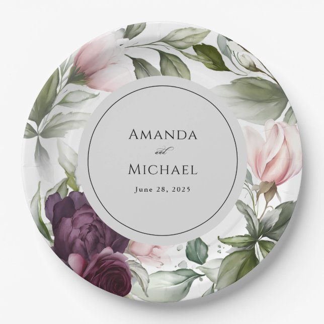 Pink and Plum Botanical Charm Wedding Paper Plate (Front)