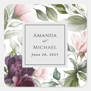 Pink and Plum Botanical Charm Wedding Square Sticker