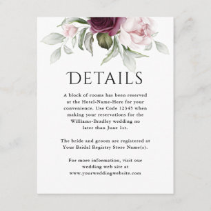 Pink and Plum Rose Floral Wedding Details Enclosure Card