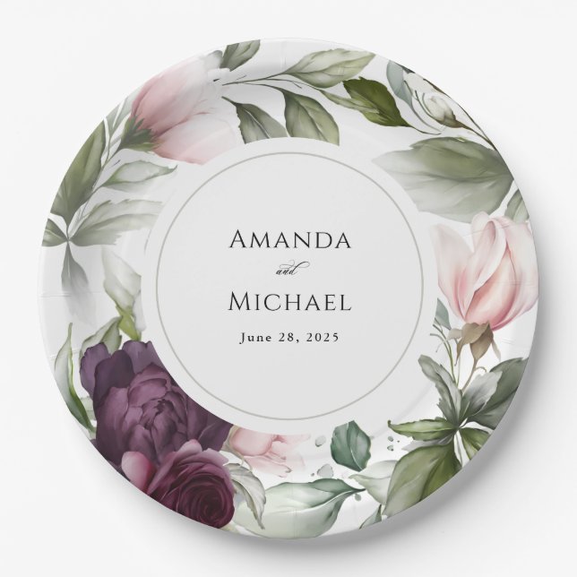 Pink and Plum Watercolor Botanical Charm Wedding Paper Plate (Front)