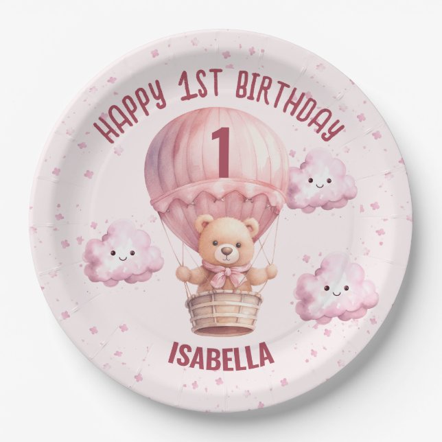 Pink and Pretty Teddy Bear Baby Girl Paper Plate (Front)