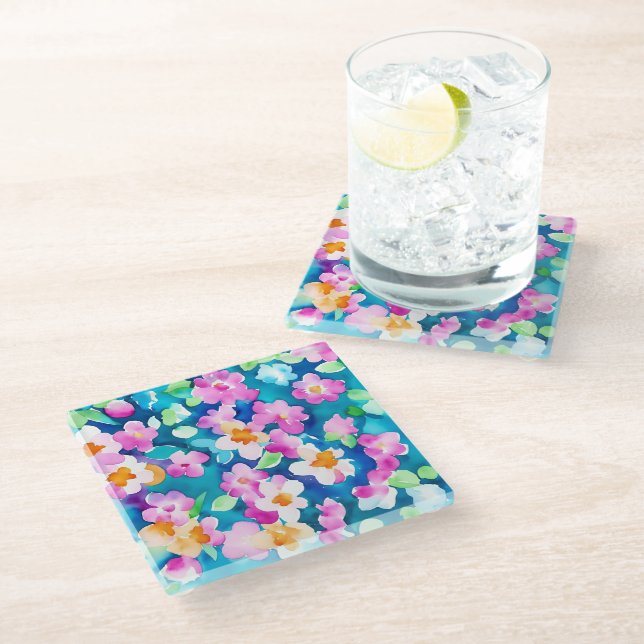 Pink and Pretty Watercolor Flowers Glass Coaster (Angled)