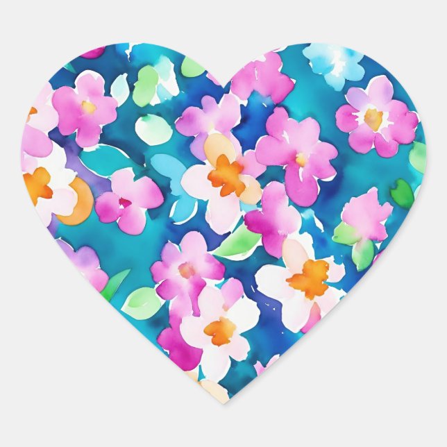 Pink and Pretty Watercolor Flowers Heart Sticker (Front)