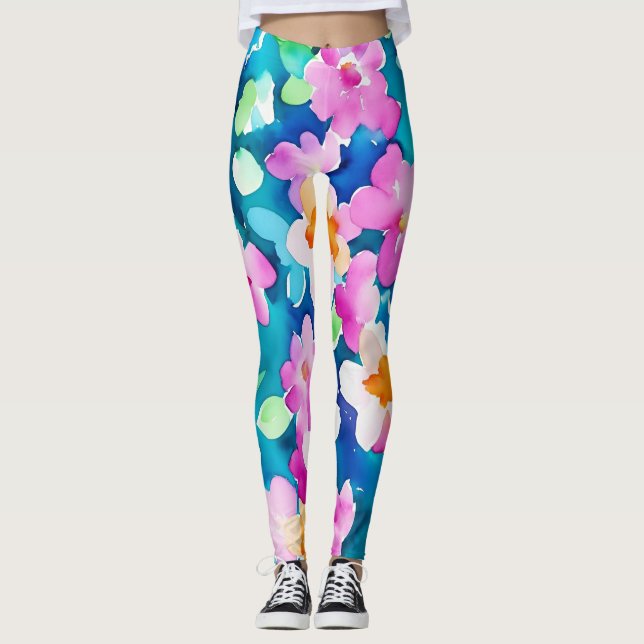 Pink and Pretty Watercolor Flowers Leggings (Front)