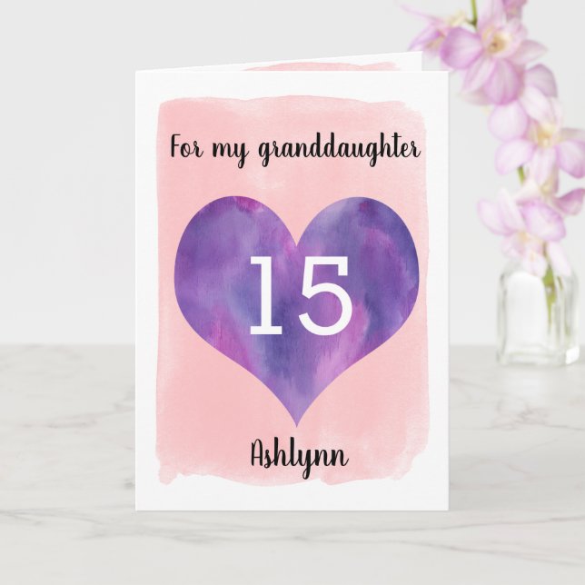 Pink and Purple 15th Birthday Granddaughter Card (Orchid)