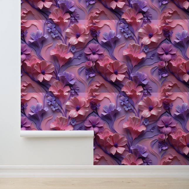 Pink and Purple 3D Floral Dream Peel and Stick Wallpaper (Application)