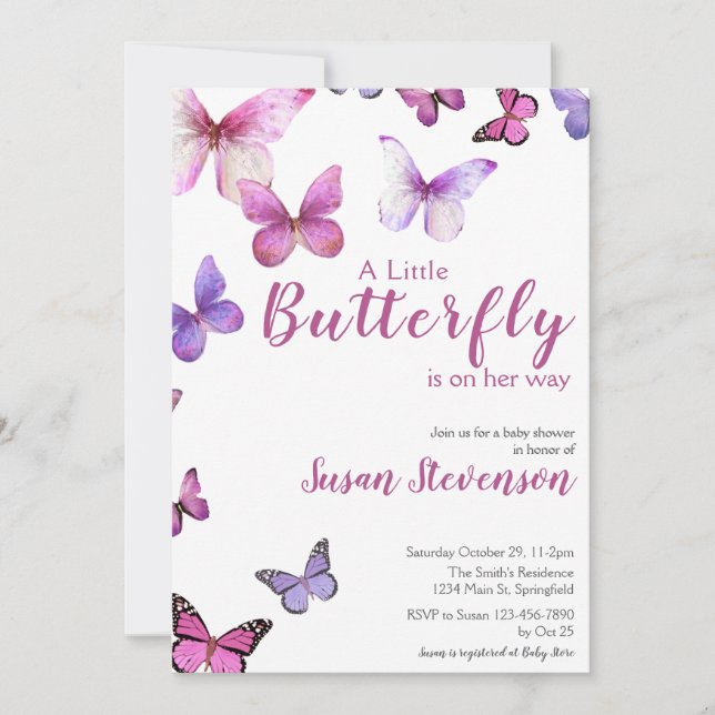 Pink and Purple A Little Butterfly Baby Shower Invitation (Front)