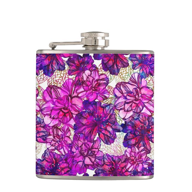 Pink And Purple Abstract Flowers Pattern Hip Flask (Front)