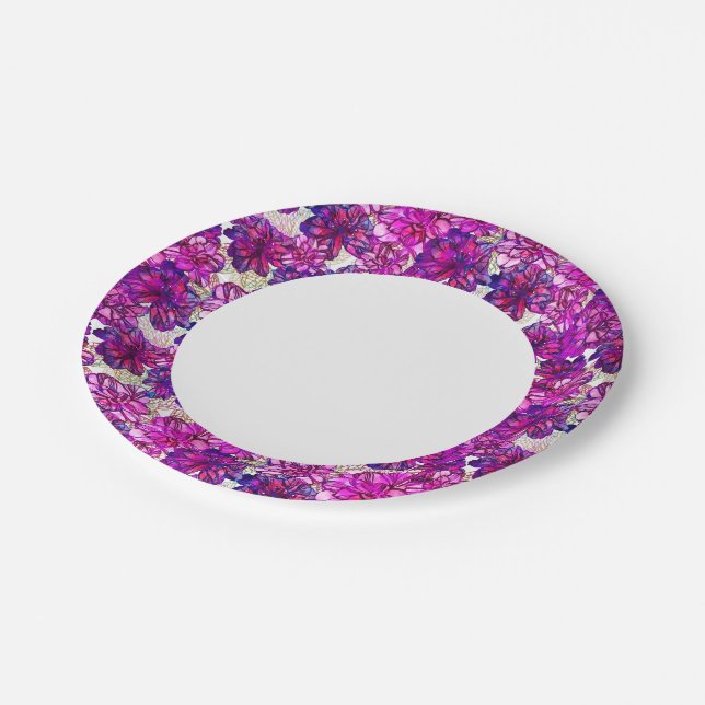 Pink And Purple Abstract Flowers Pattern Paper Plate (Angled)