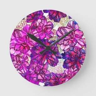 Pink And Purple Abstract Flowers Pattern Round Clock