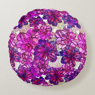 Pink And Purple Abstract Flowers Pattern Round Cushion