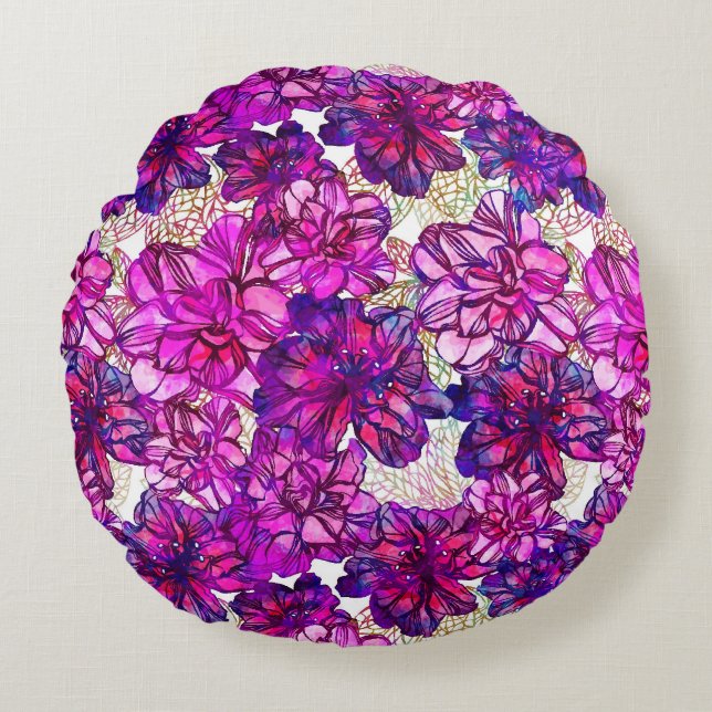 Pink And Purple Abstract Flowers Pattern Round Cushion (Front)