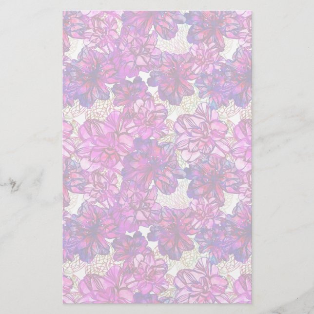 Pink And Purple Abstract Flowers Pattern Stationery (Front)