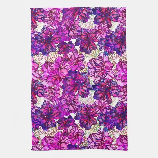 Pink And Purple Abstract Flowers Pattern Tea Towel (Vertical)