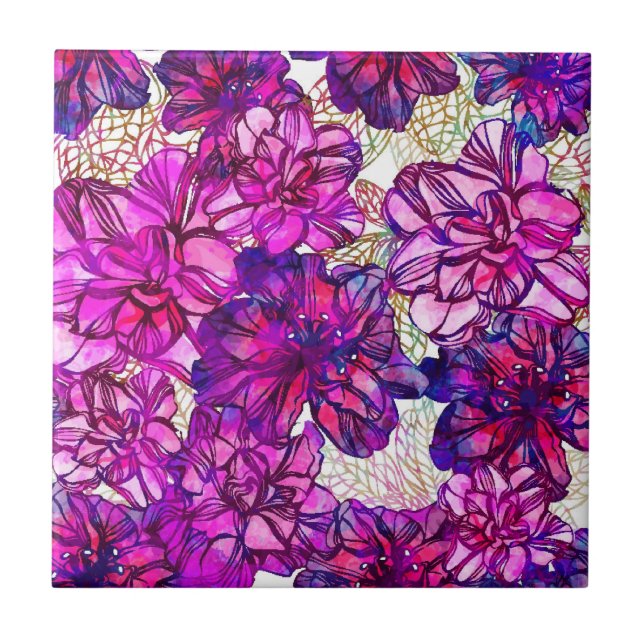 Pink And Purple Abstract Flowers Pattern Tile (Front)